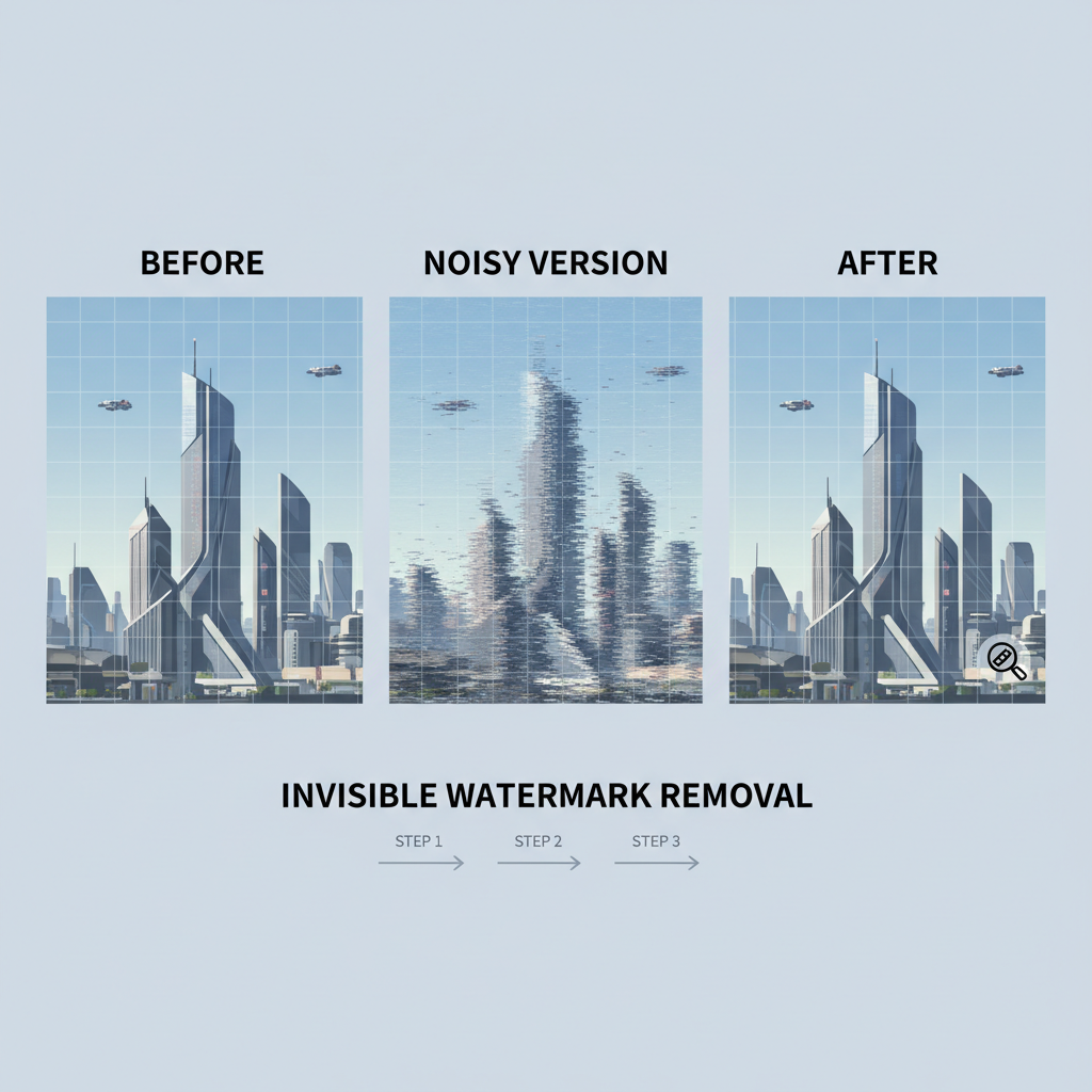 split image before-after: clean AI-generated photo with invisible watermark, then noisy version and reconstructed clean removal