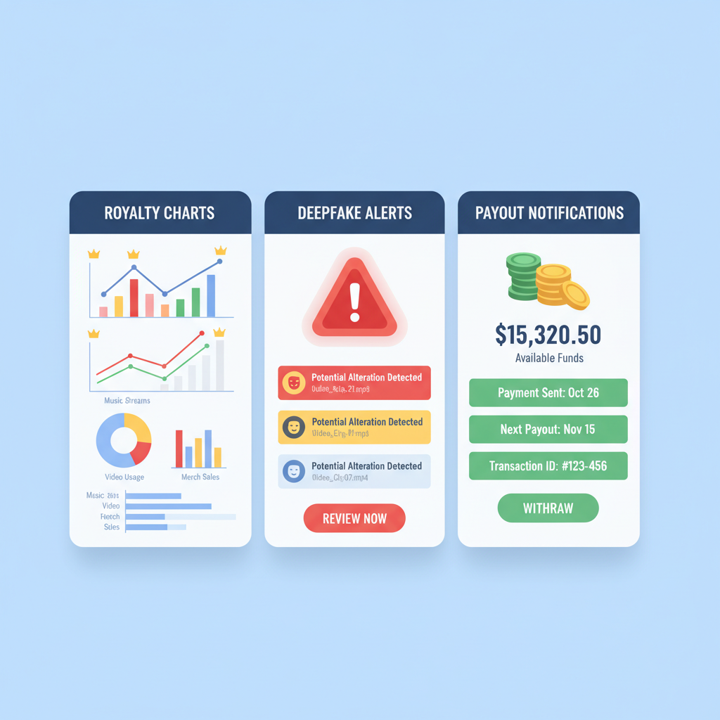 comprehensive dashboard showing royalty charts, deepfake alerts, and payout notifications