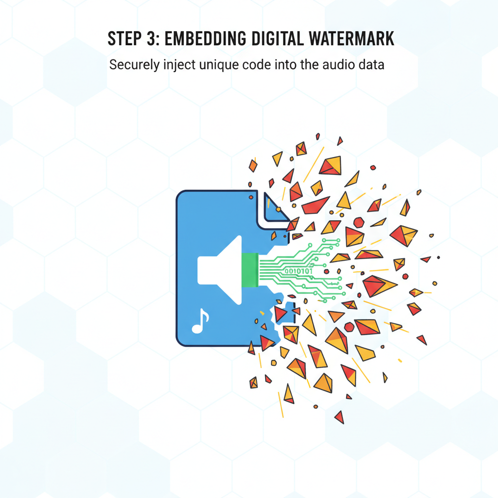 audio file being injected with digital watermark code, exploding security particles, high-tech intense visuals