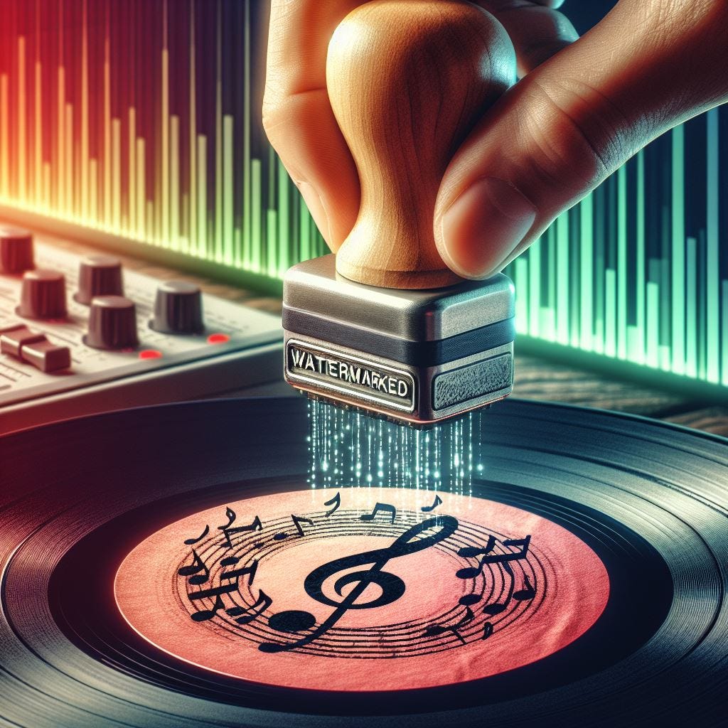 Illustration of audio waveform with subtle imperceptible watermark highlighting first-word deepfake detection