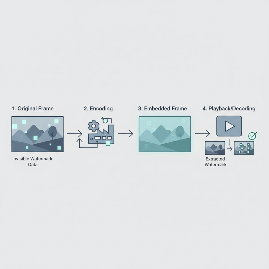 digital process embedding invisible watermark into video frames, subtle glowing markers